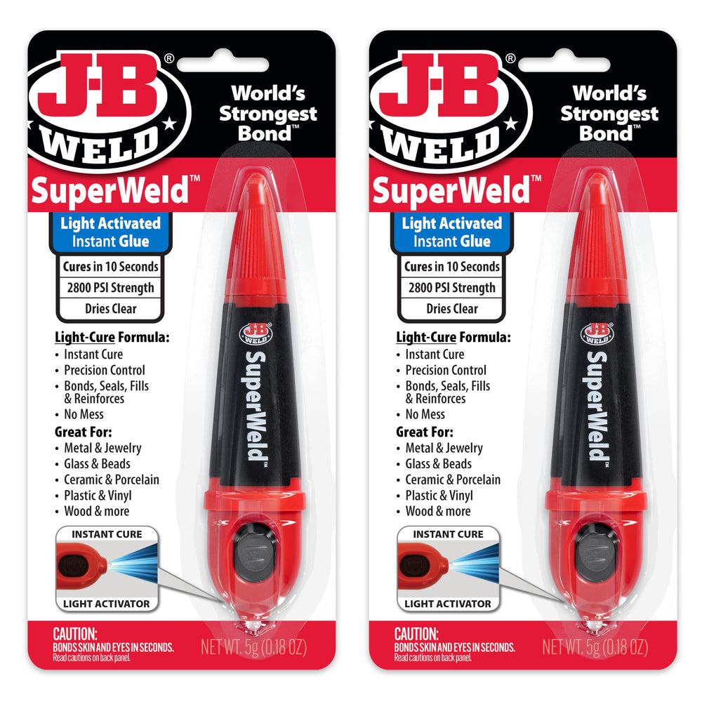 J-B Weld front packaging showing two clear 5g tubes and included light for instant repairs