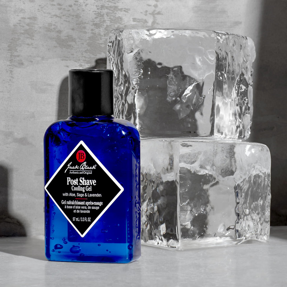 Jack Black gel next to ruler showing 3.3 fl oz size for travel and countertop convenience
