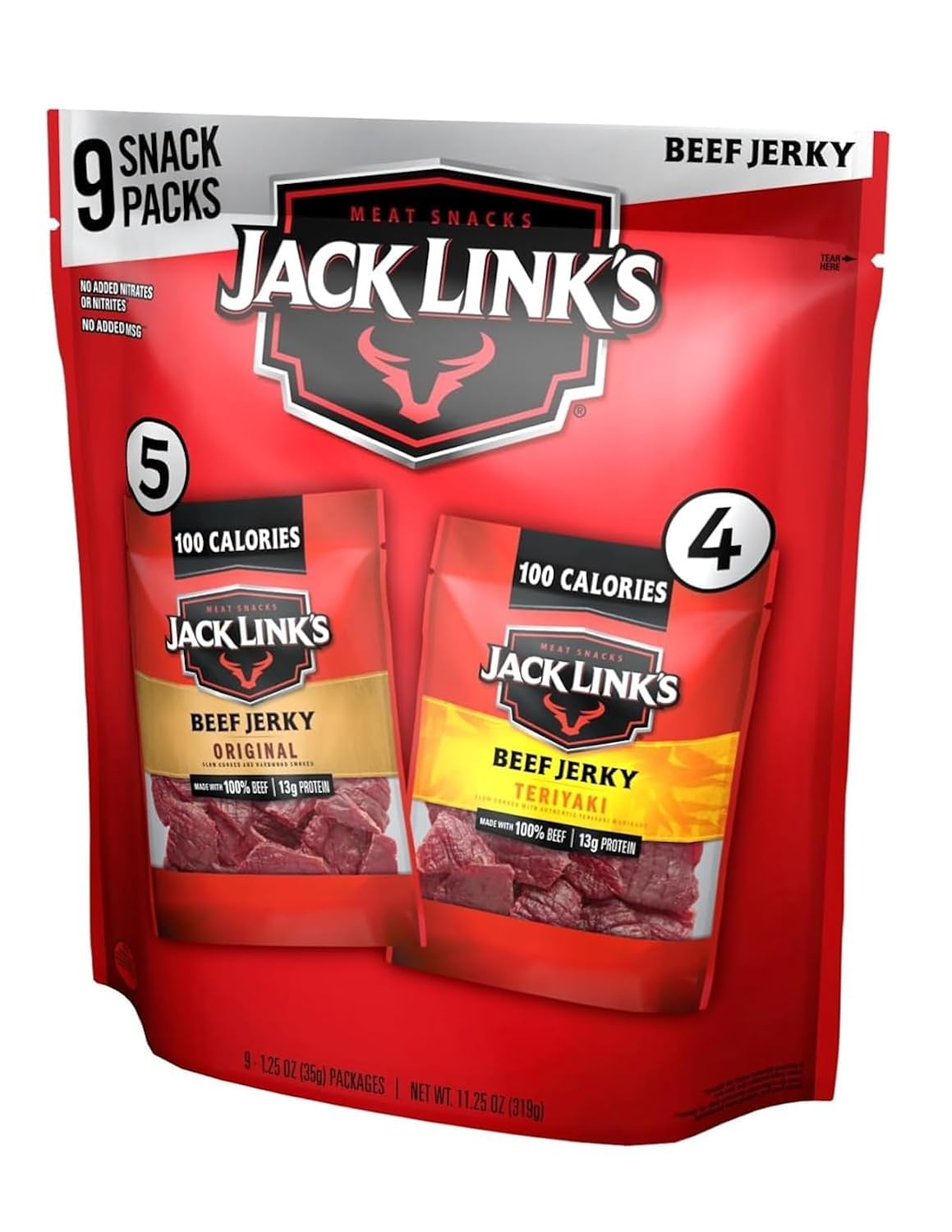 Jack Link's front packaging showing nine single-serve bags and convenience