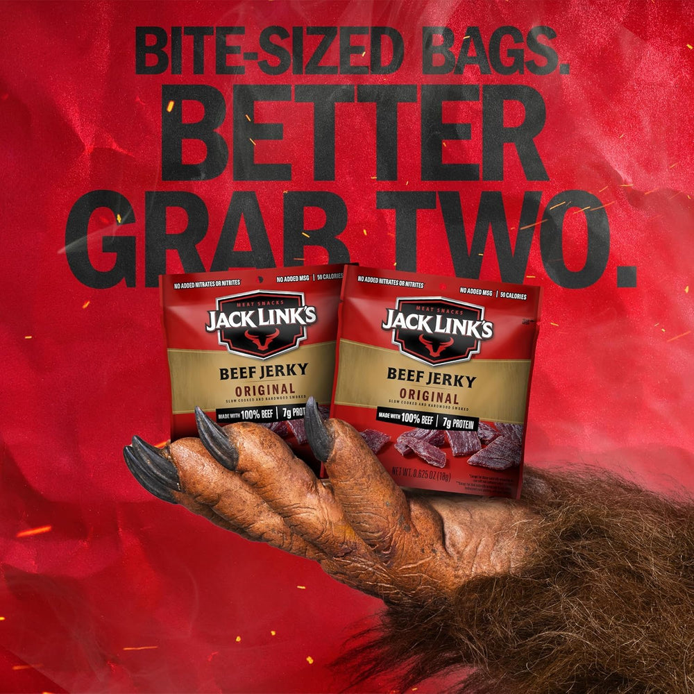 Jack Link's hardwood smoke detail evoking the product's smoky flavor