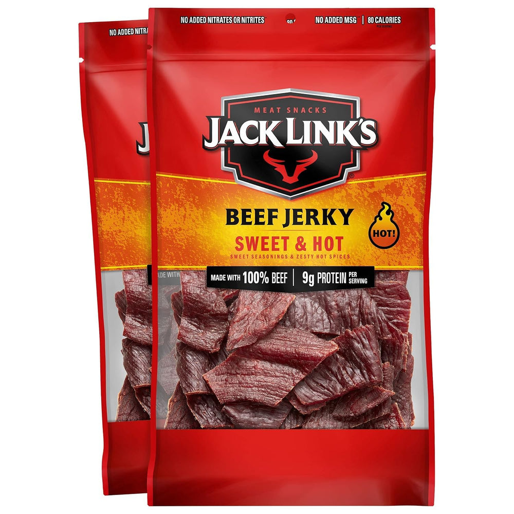 Jack Link's front packaging showing two resealable 9 oz bags and brand benefit