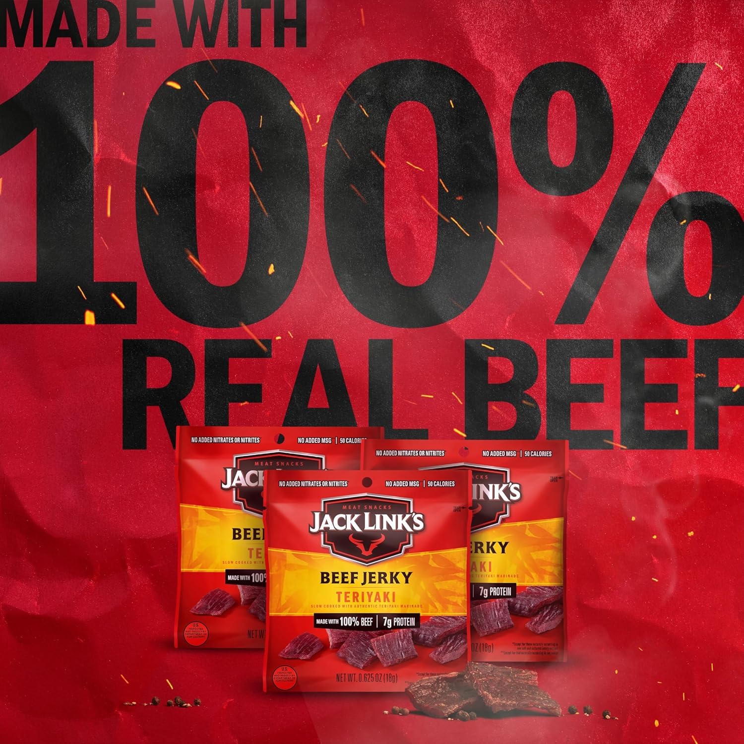 Jack Link's close-up of teriyaki jerky texture highlighting tender smoked meat quality