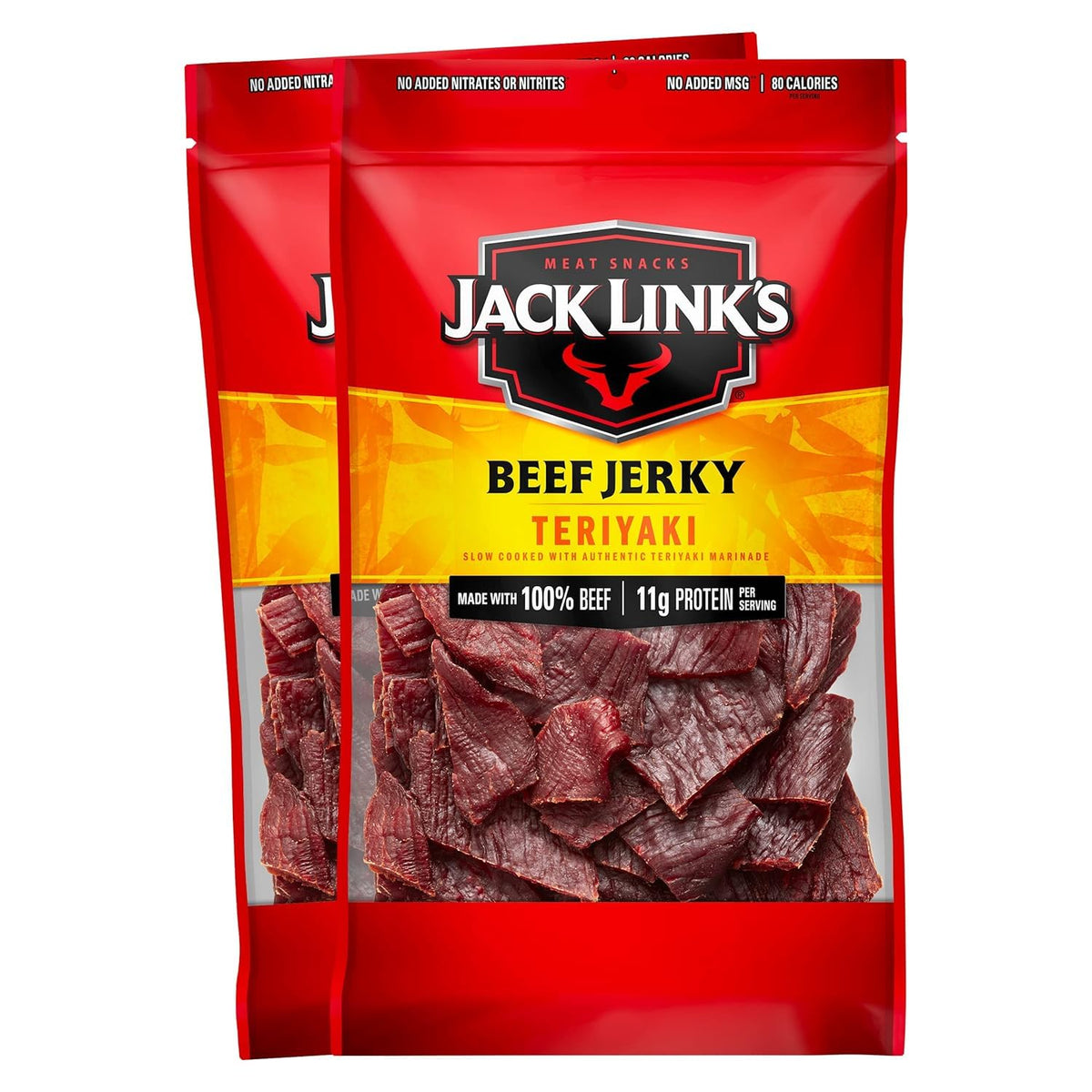 Jack Link's front packaging showing two 9 oz bags and teriyaki branding benefit convenience