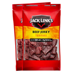 Jack Link's front packaging showing two 9 oz bags and teriyaki branding benefit convenience