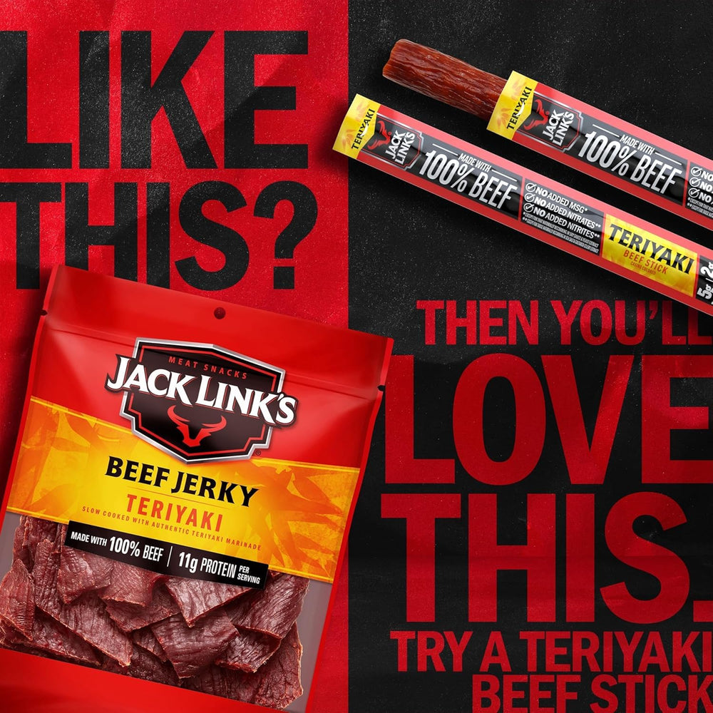 Jack Link's teriyaki bag beside a gym water bottle for post-workout protein support
