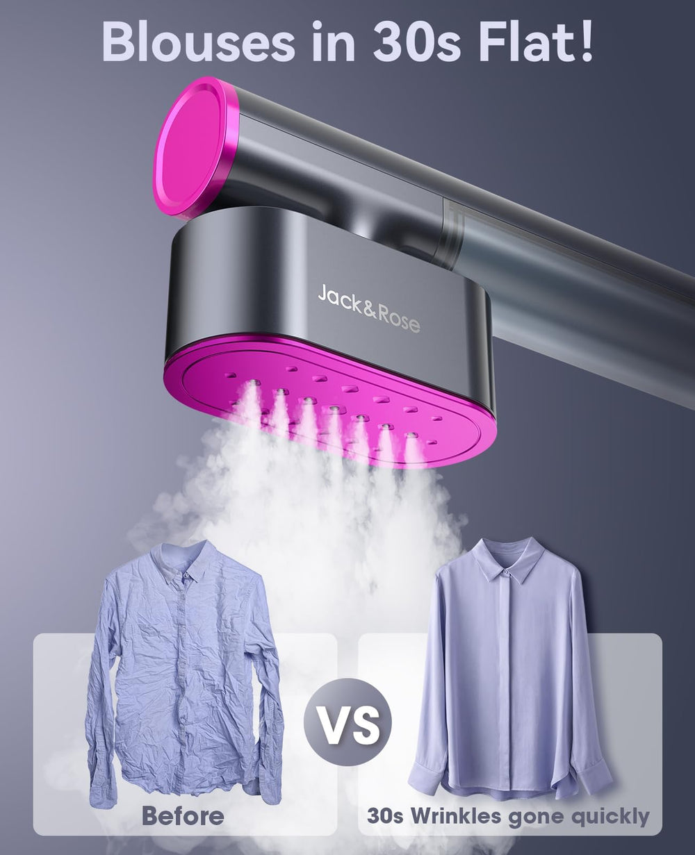 Jack & Rose steamer in use on hanging shirt to remove wrinkles fast