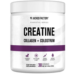 Jacked Factory front packaging showing the unflavored creatine formula and benefits