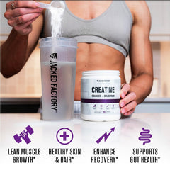 Glass of mixed Jacked Factory creatine for women showing easy dissolving and clarity