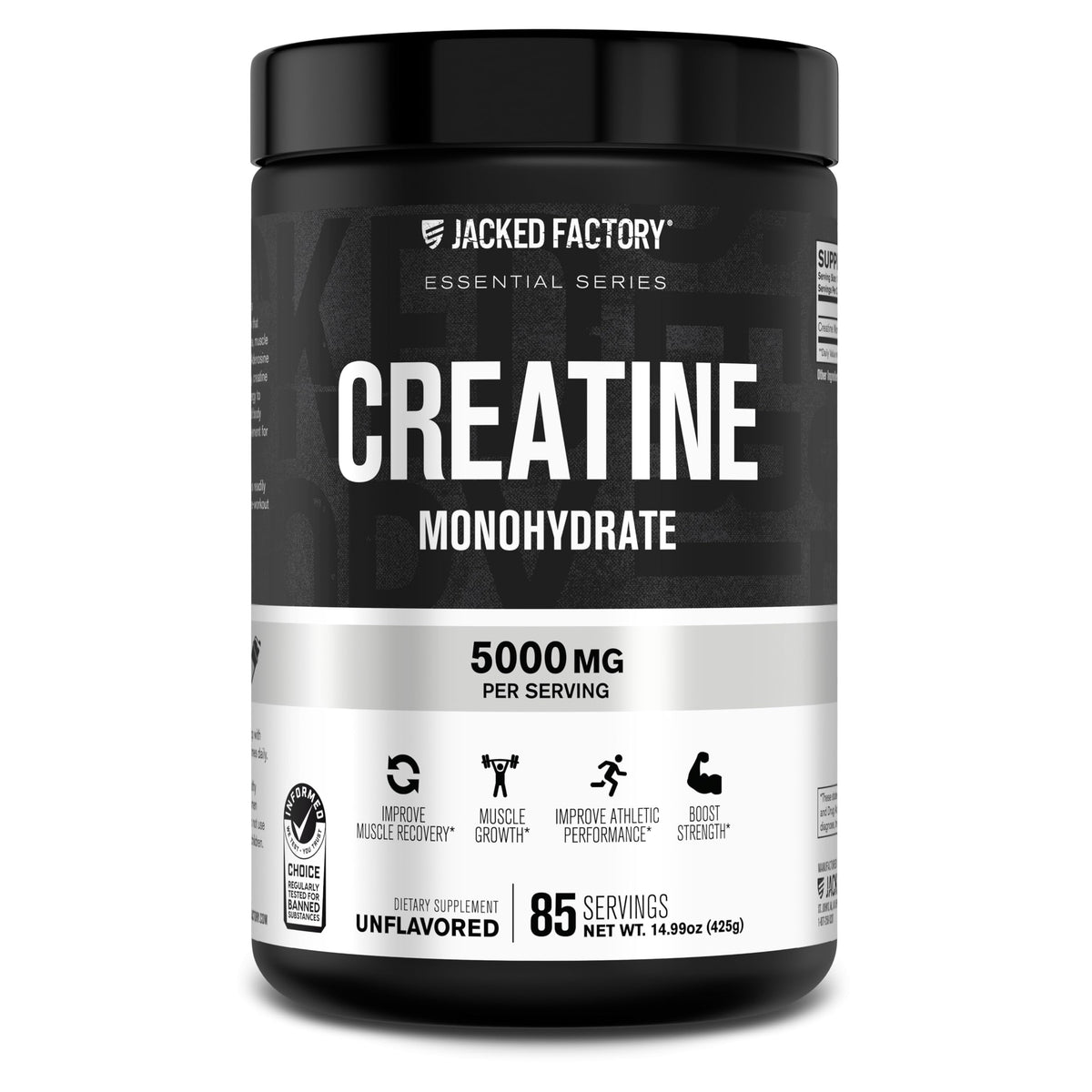 Jacked Factory front packaging showing pure creatine monohydrate and benefits