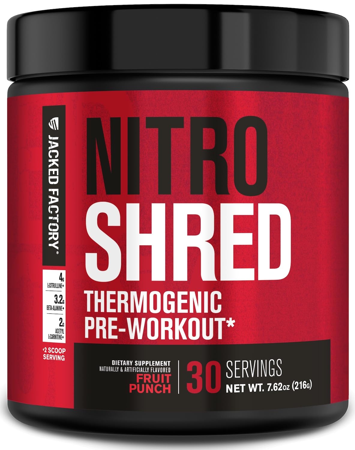 Jacked Factory NITROSURGE Shred front packaging showing label and 30 servings for confidence