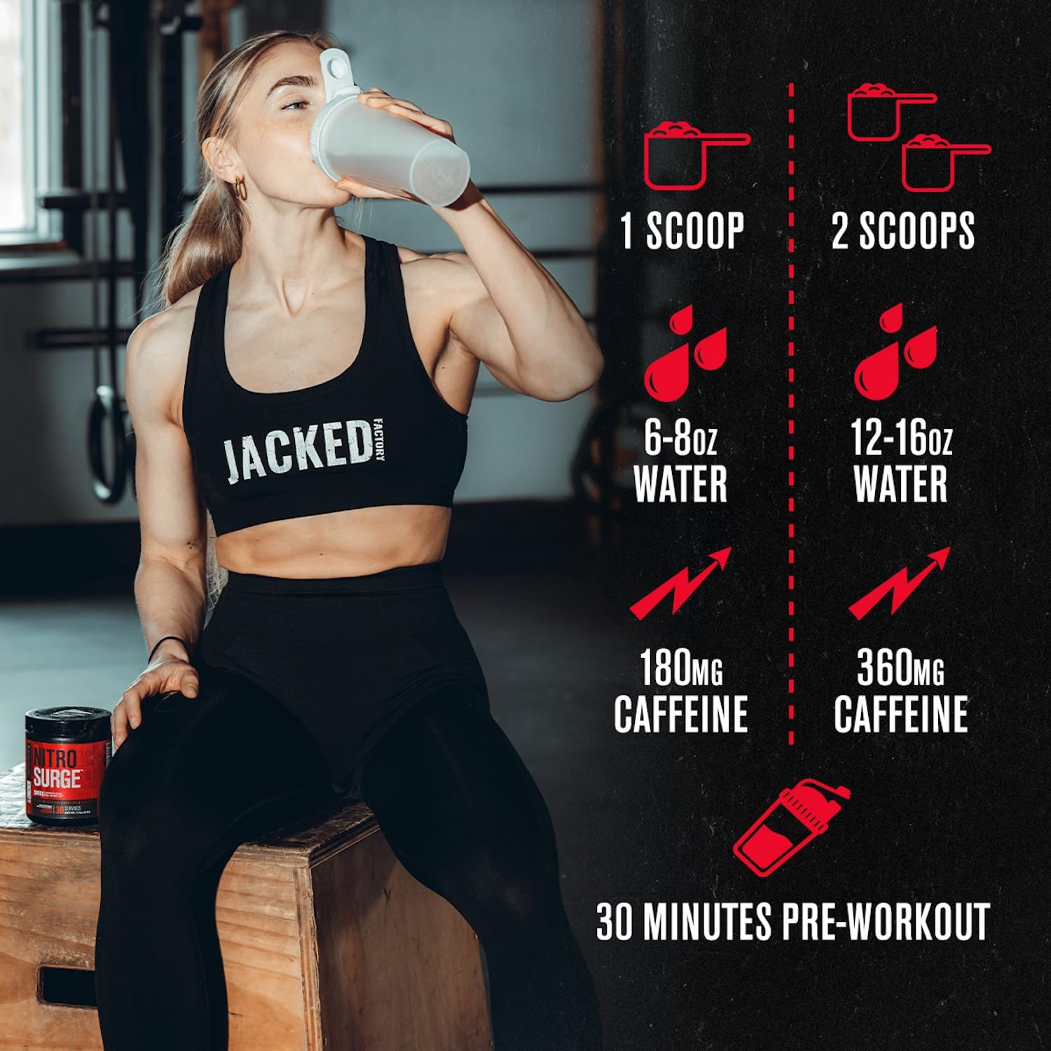 Jacked Factory tub next to a water bottle for scale to show container size