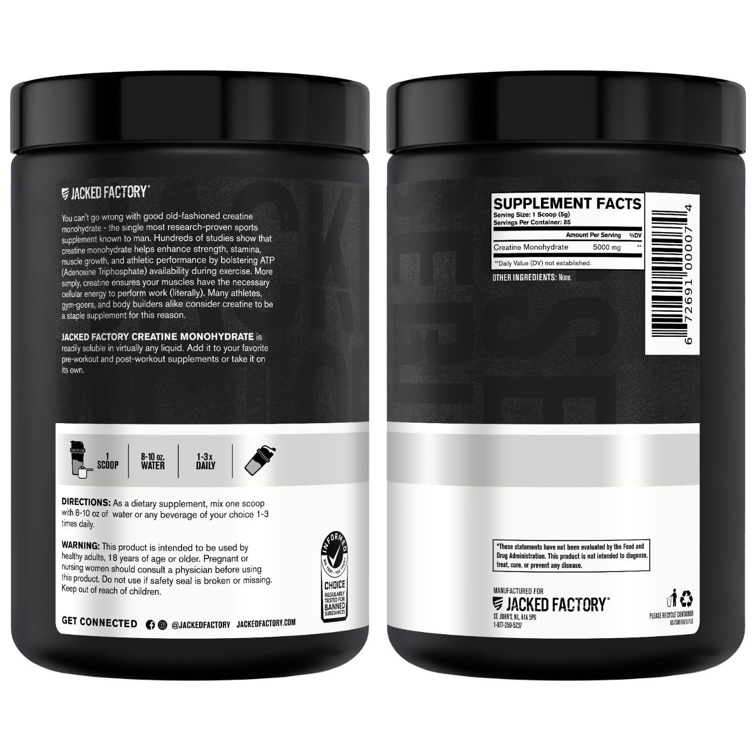 Scale with tub and powder illustrating Jacked Factory 85 servings per container