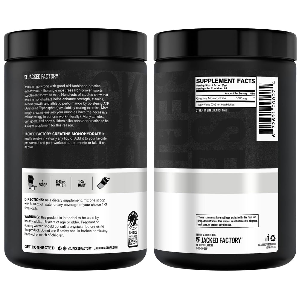 Scale with tub and powder illustrating Jacked Factory 85 servings per container