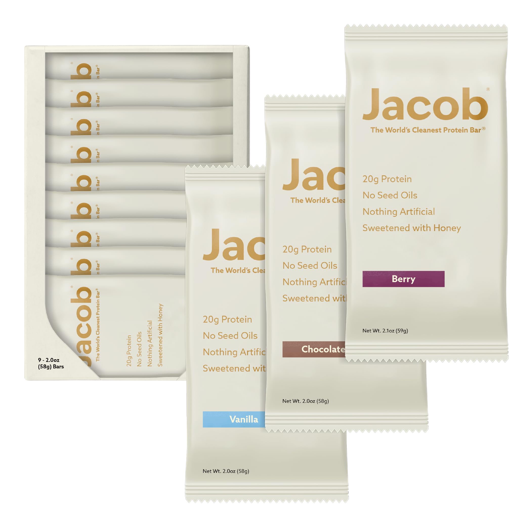Jacob bar front packaging showing flavor and 20g protein benefit