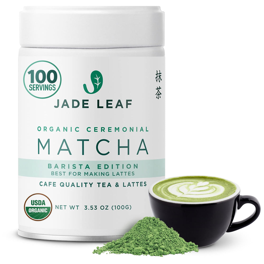 Jade Leaf tin front view showing organic ceremonial matcha and benefits