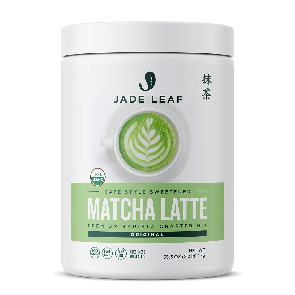Jade Leaf Matcha latte mix tub front view showing label and size benefit