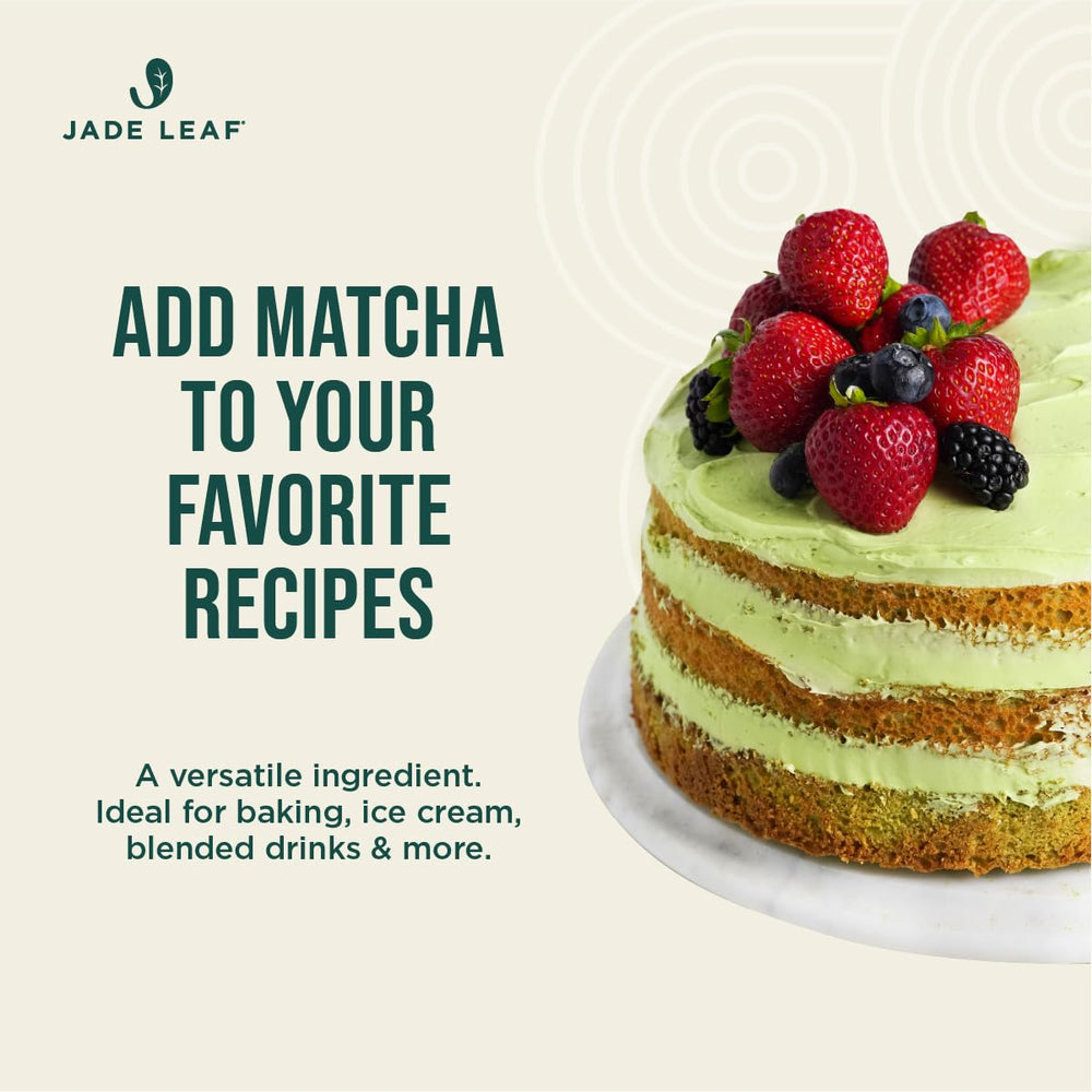 Jade Leaf Matcha next to measuring spoons showing serving size and yield