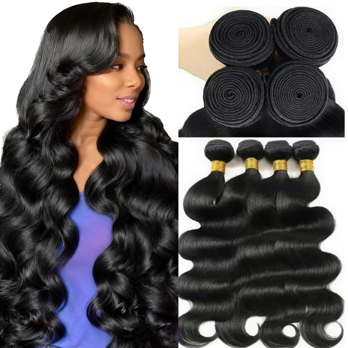 Jaliyah front view of four body wave bundles showing natural shine and fullness
