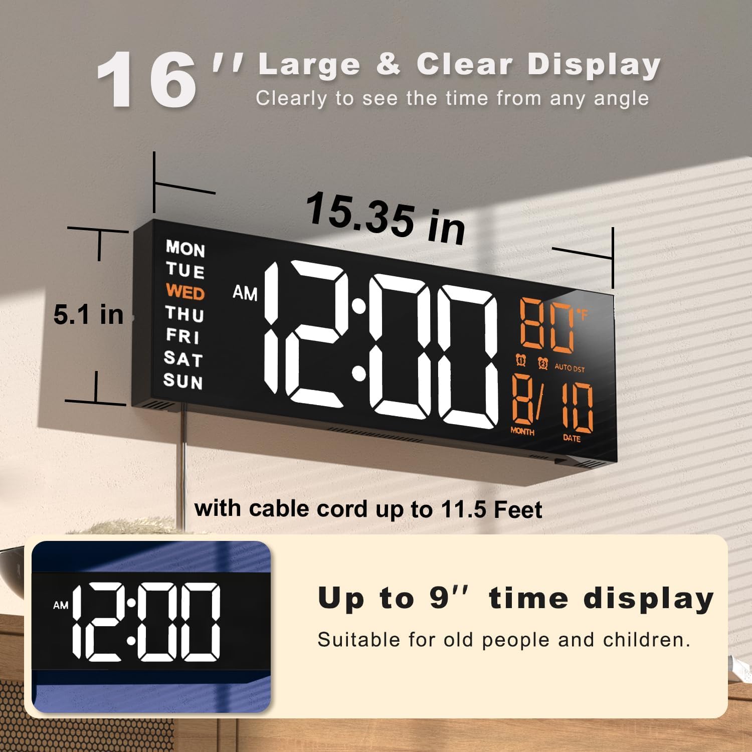 JALL closeup of bold LED digits and icons, aids easy reading for seniors