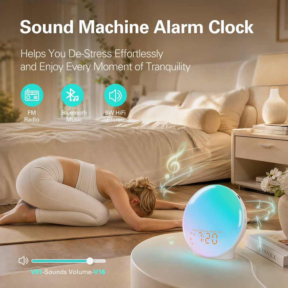 JALL on nightstand in bedroom setting providing mood lighting and sleep sounds benefit