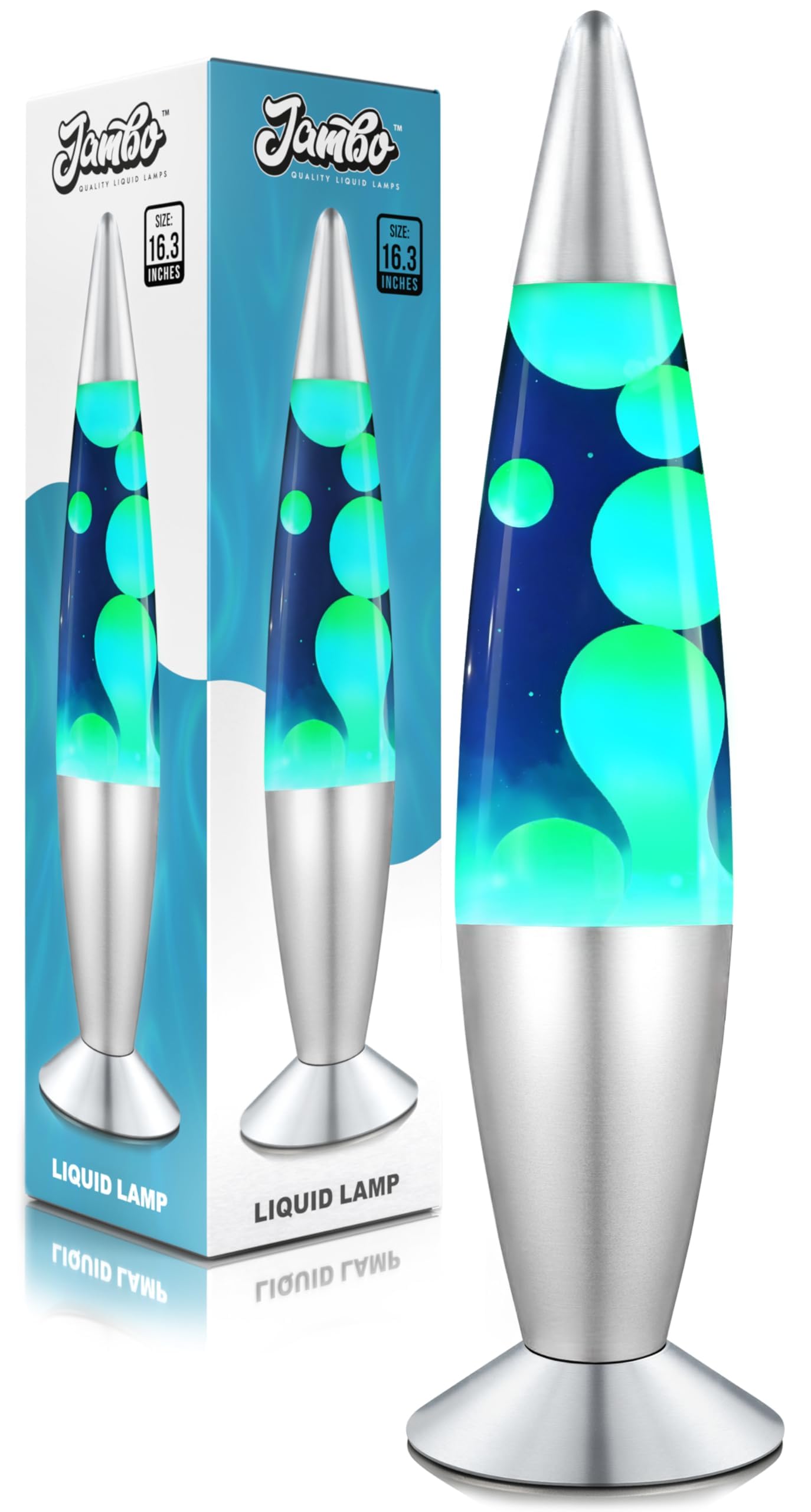 JAMBO front view blue glass lamp showing calming ambient glow