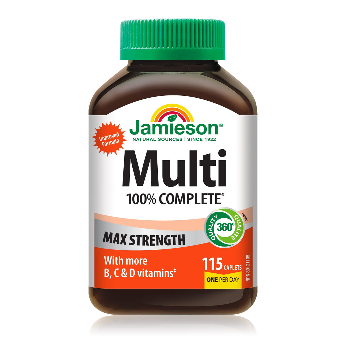 Jamieson front packaging showing 115 caplets and complete daily formula benefit