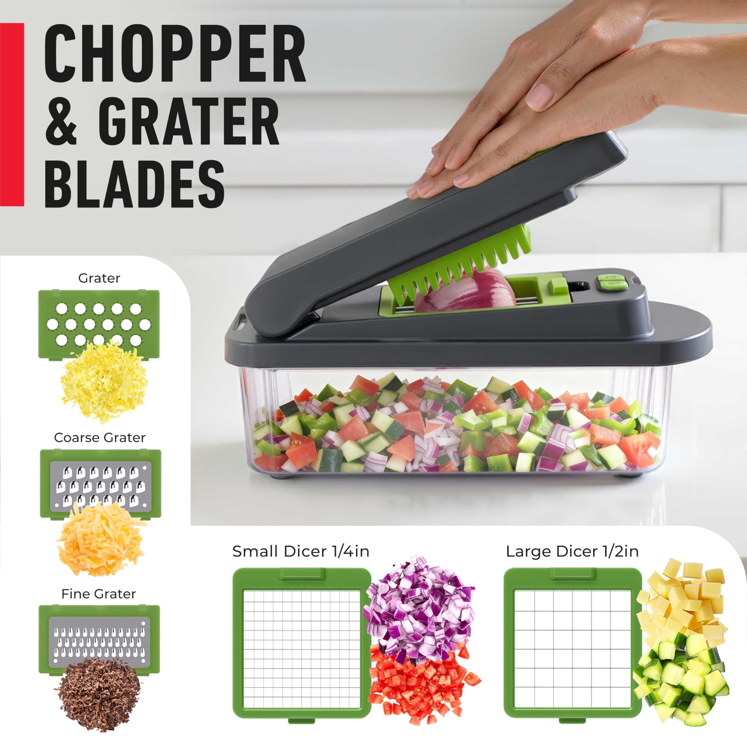 JANSKA MUELLER HOME chopping action in use producing uniform dice for faster meal prep benefit