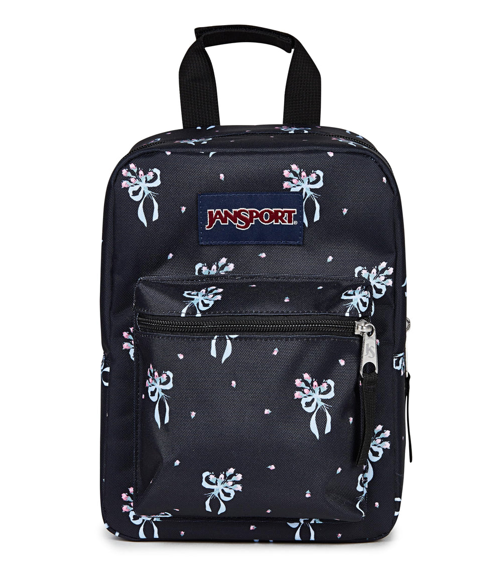 JanSport Big Break front view showing pastel petals black design and zipped pocket for easy organization