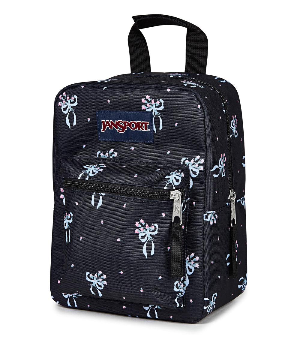JanSport Big Break attached to backpack with haul strap showing hands-free carry convenience and compact size