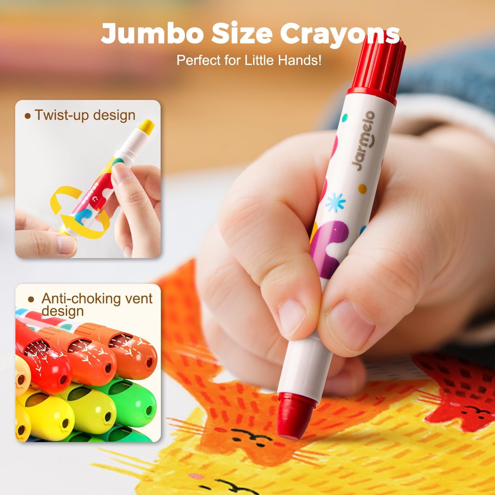 Jar Melo crayon in child's hand demonstrating ergonomic grip benefit