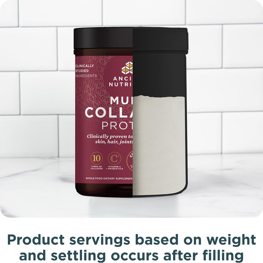 Open jar showing multiple collagen sources used by Ancient Nutrition for broad profile