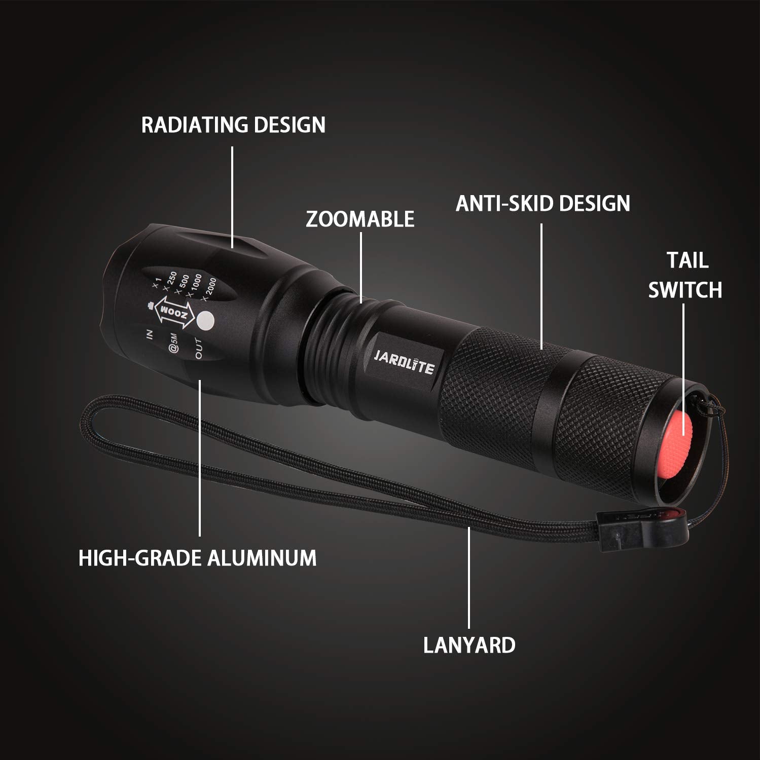 JARDLITE close-up of adjustable focus head demonstrating versatile beam control benefit