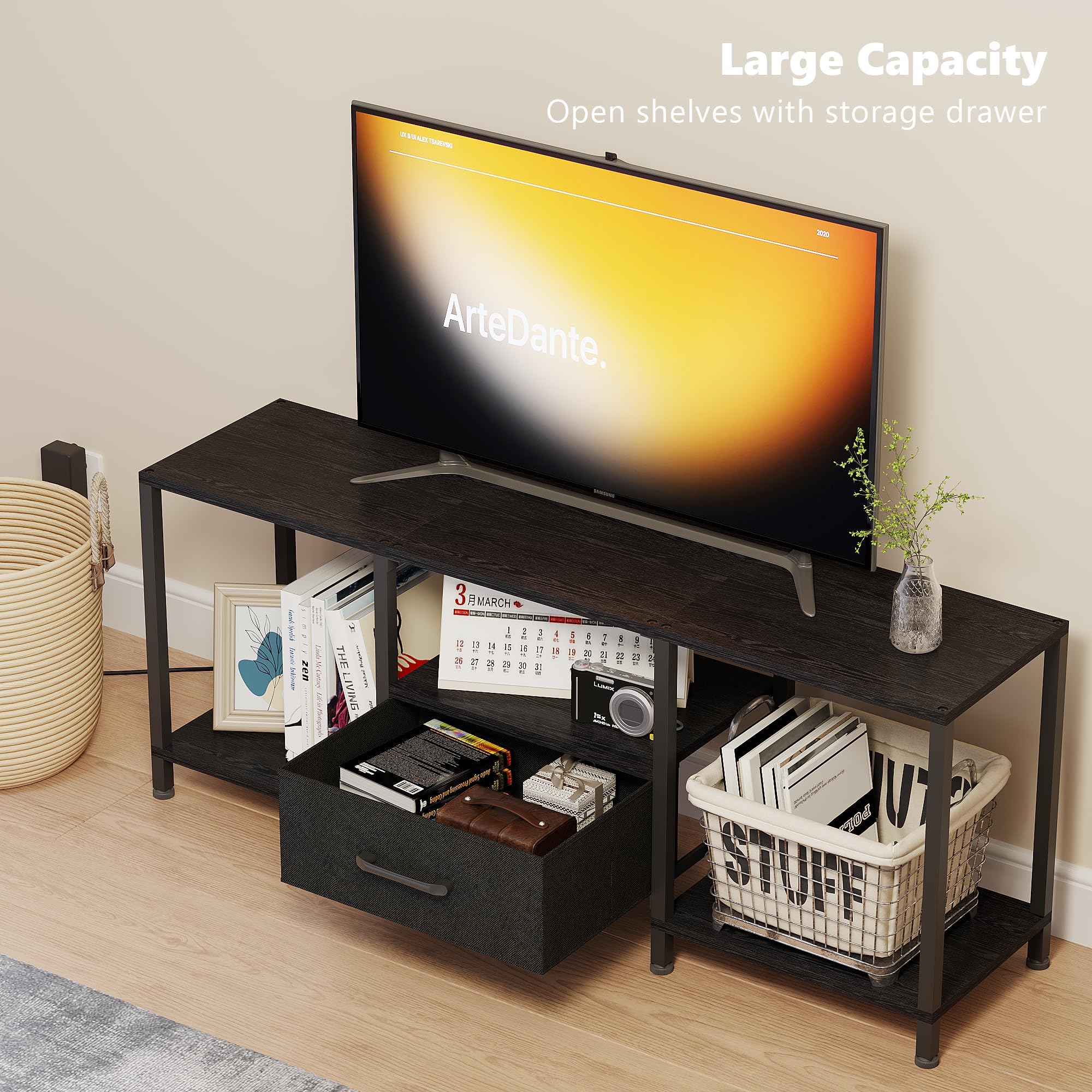 JARHETUN open shelves holding consoles and devices for easy access