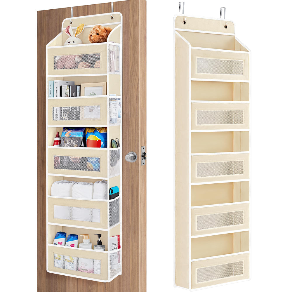 JARLINK front view showing five beige shelves and extra storage benefit