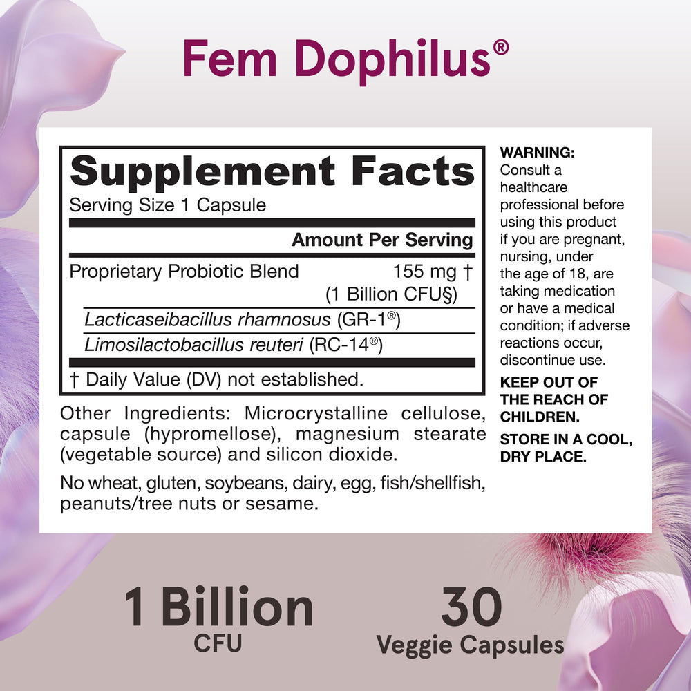 Hand holding several Jarrow FemDophilus capsules demonstrating easy single-dose format