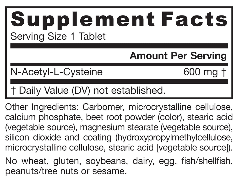 Back label ingredient panel of Jarrow Formulas NAC Sustain displaying supplement facts and purity info