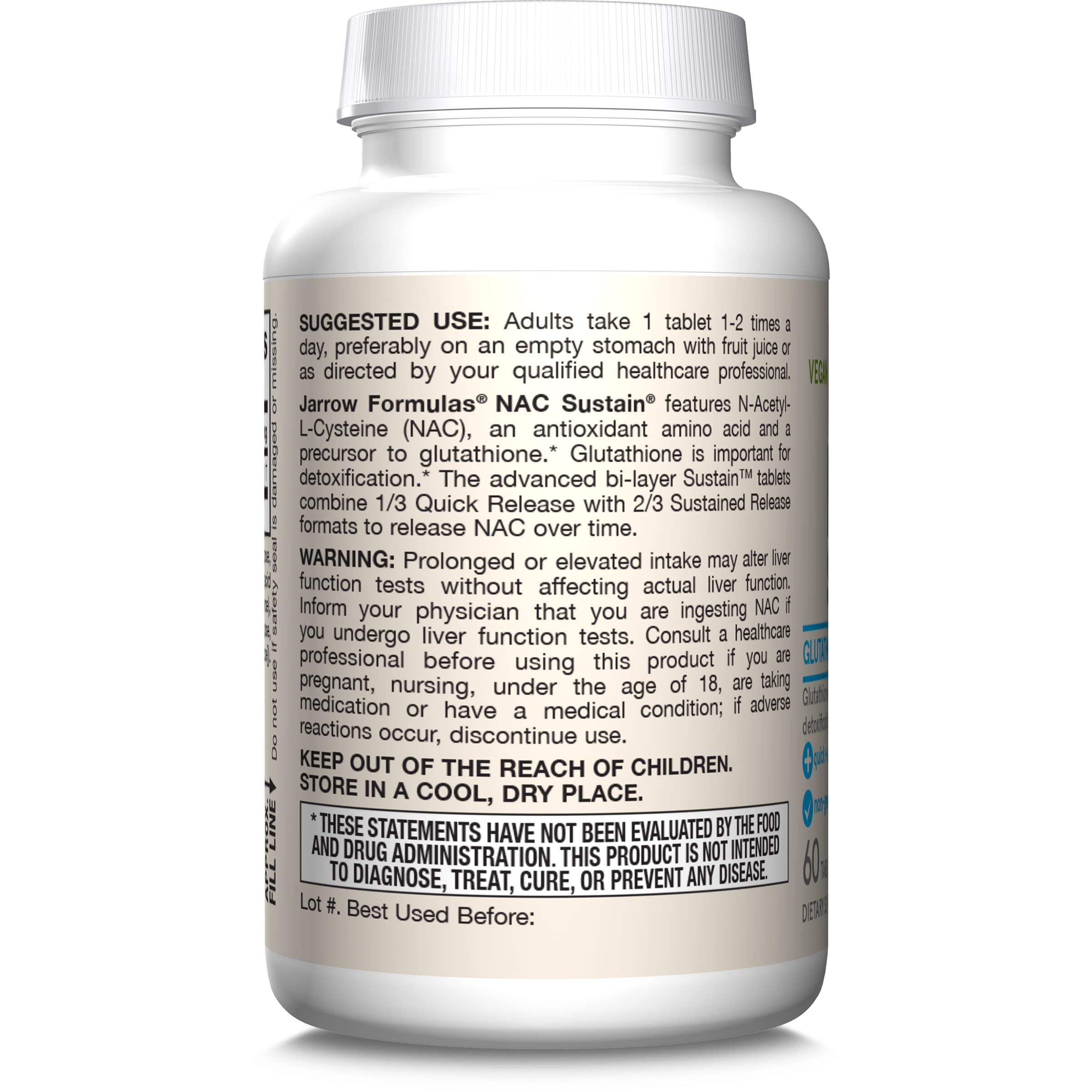 Side view of Jarrow Formulas NAC Sustain packaging to show brand, lot, and storage information for trust