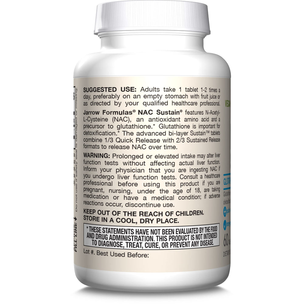 Side view of Jarrow Formulas NAC Sustain packaging to show brand, lot, and storage information for trust