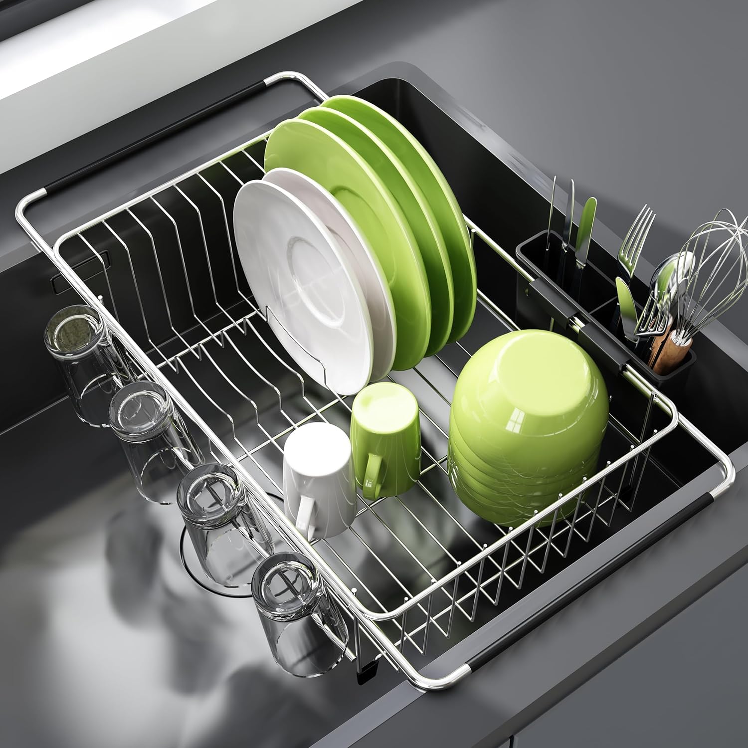 JASIWAY front view of over-sink drainer showing compact storage benefit