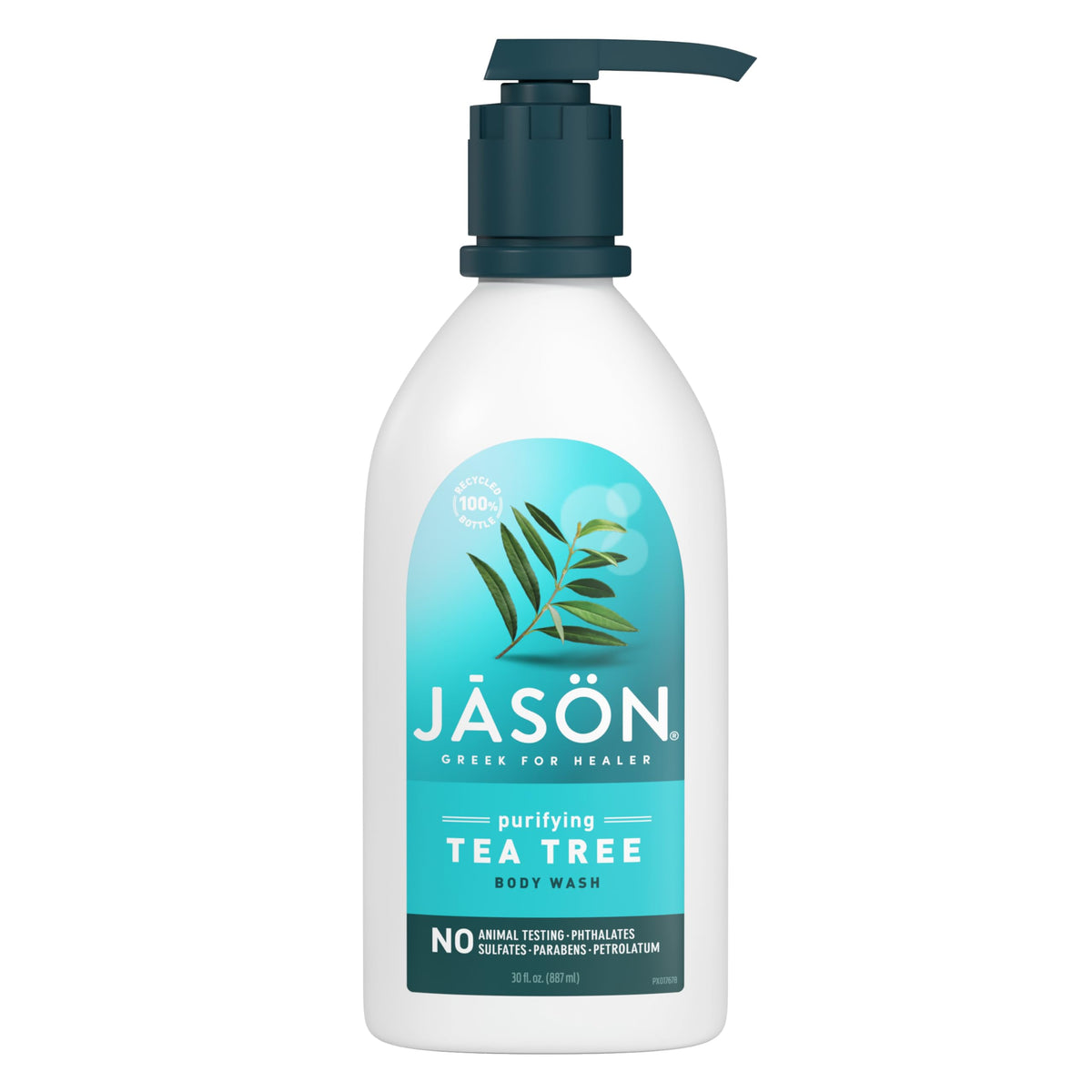JASON front packaging view showing 30 oz bottle and calming tea tree benefit
