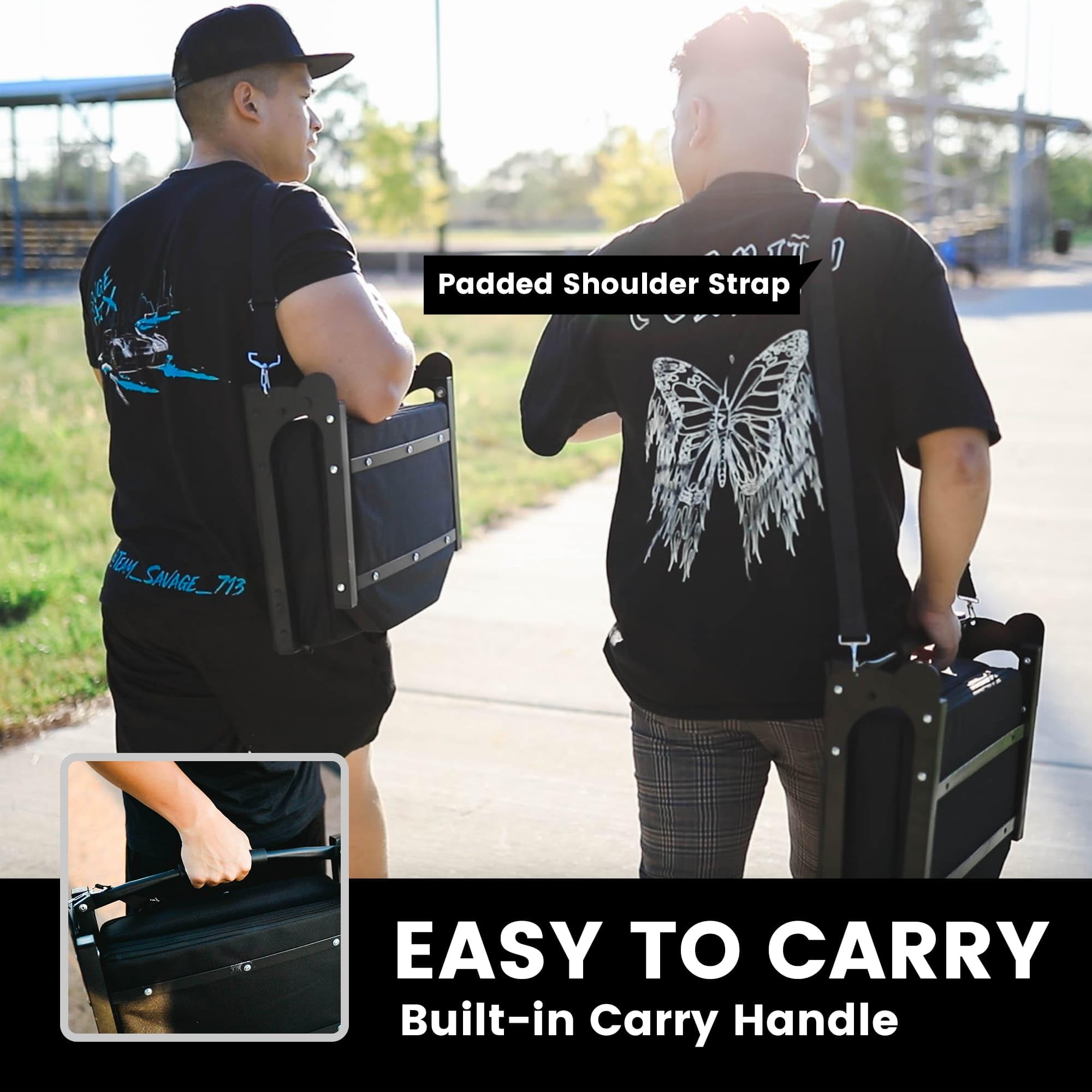 Jauntis fabric label and shoulder strap highlighting easy carry