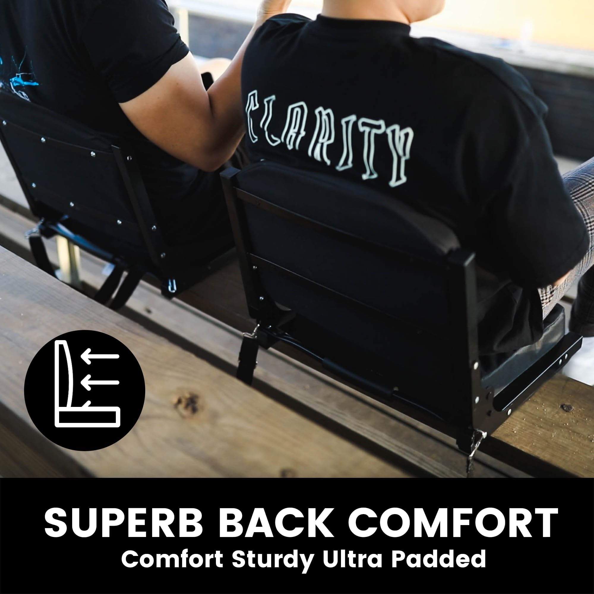 Jauntis seat in use on bleachers for long-game comfort