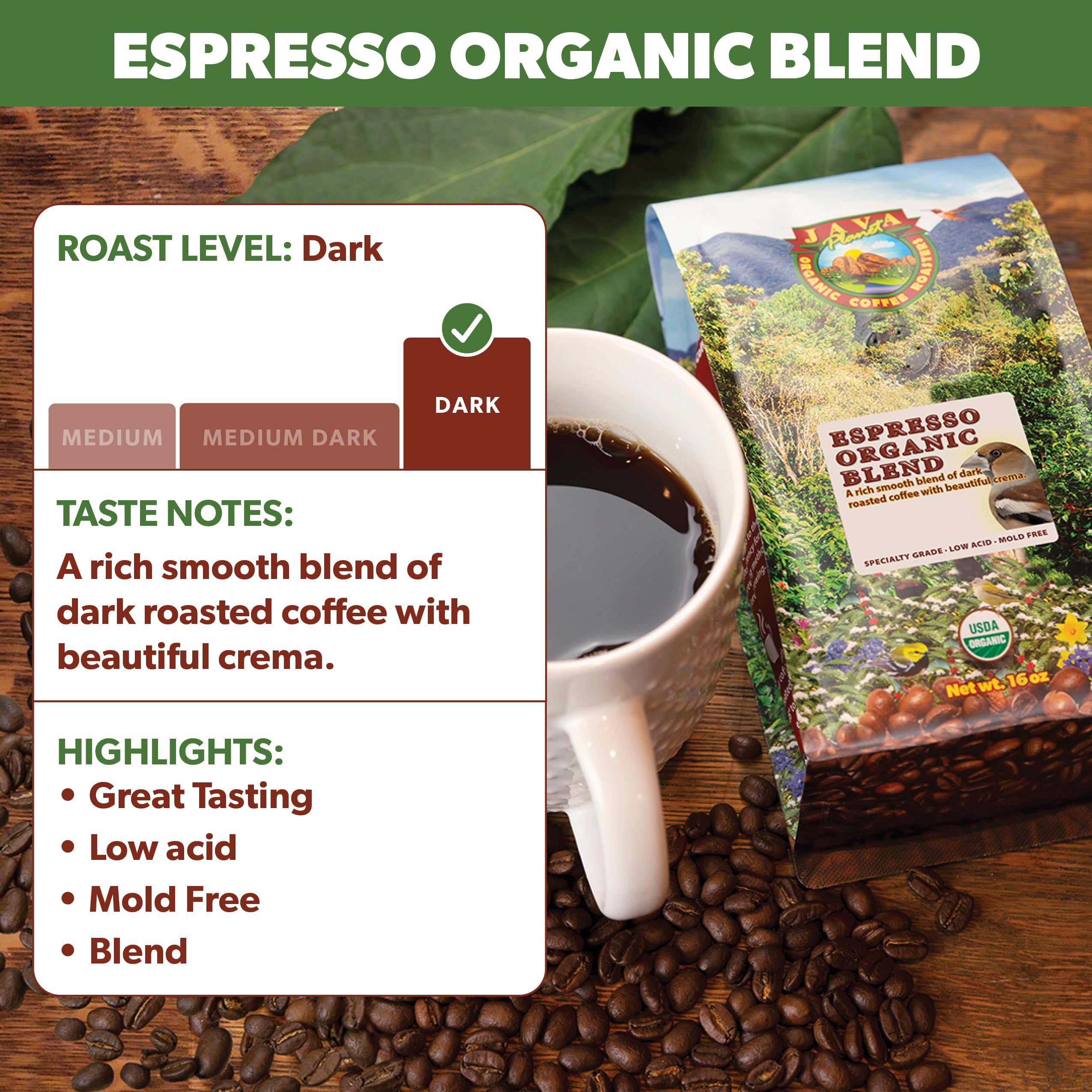 Java Planet espresso shot with thick crema demonstrating smooth low-acid result