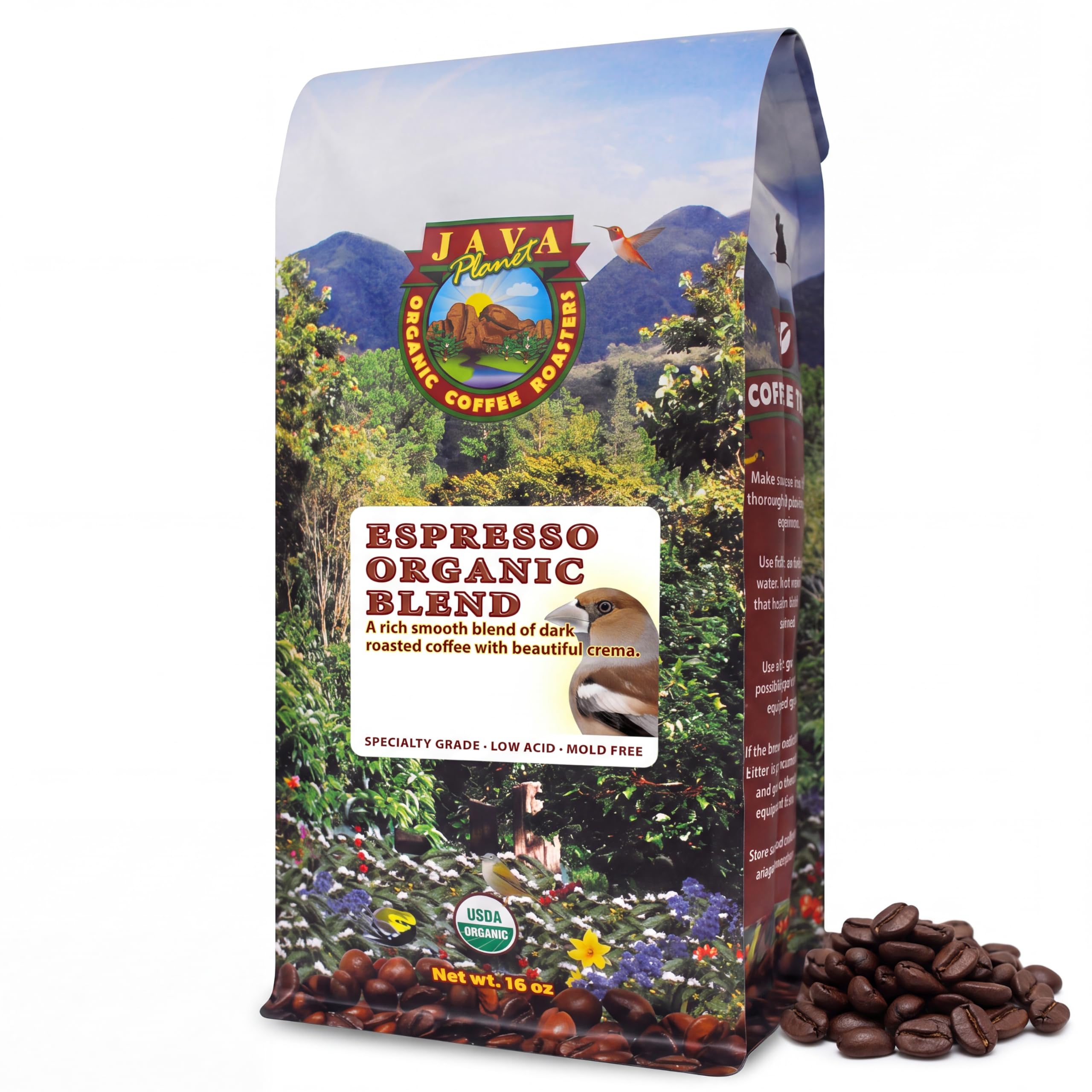 Java Planet front packaging showing 16 oz bag and organic label benefit freshness