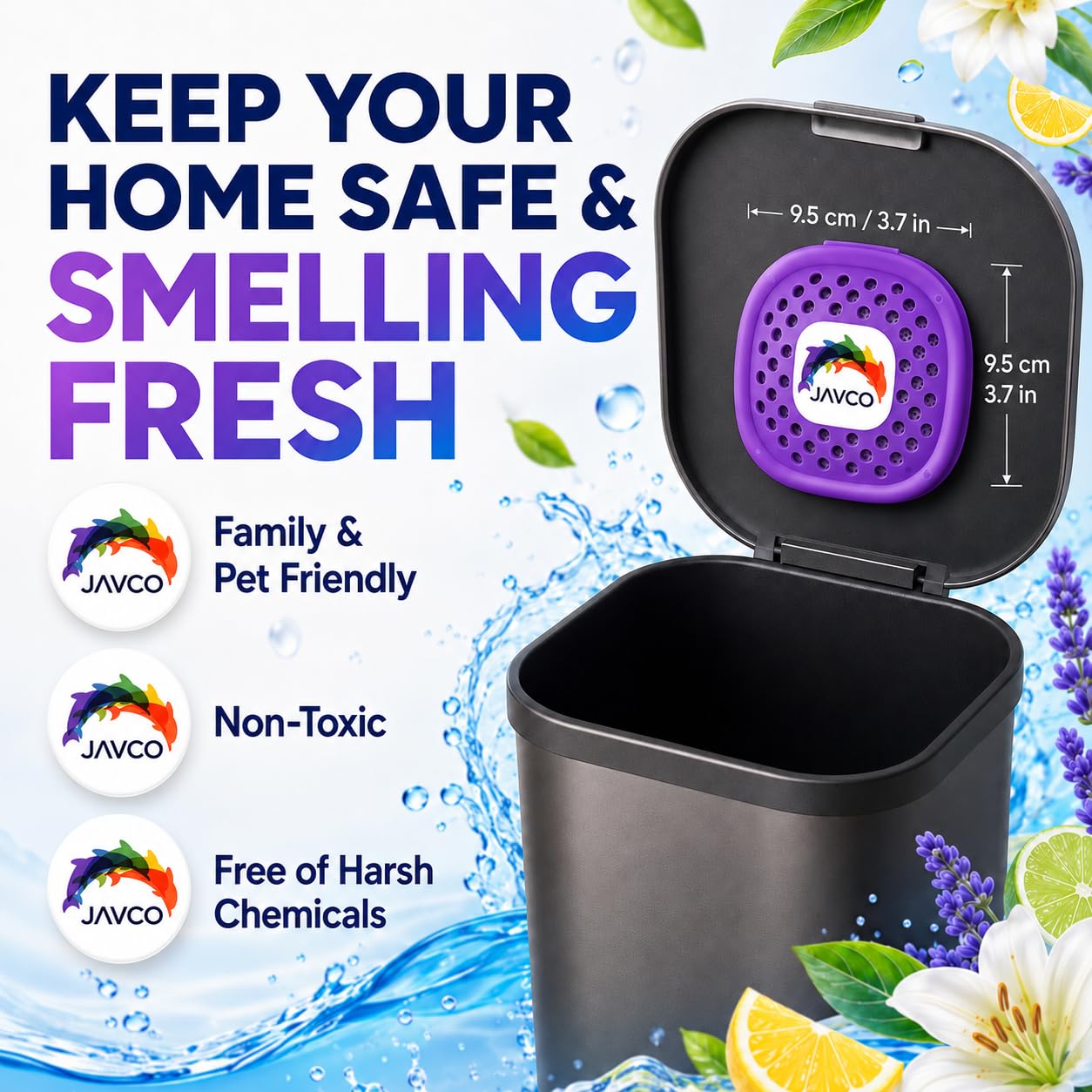 JAVCO deodorizer next to hand demonstrating compact size and convenience