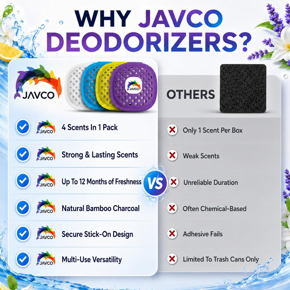 JAVCO stick-on deodorizer pressed under a trash can lid for easy use