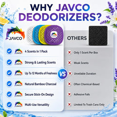 JAVCO stick-on deodorizer pressed under a trash can lid for easy use