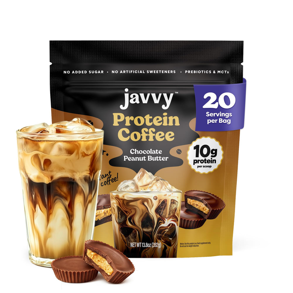 javvy front packaging showing Chocolate Peanut Butter benefits