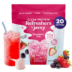 Javvy front packaging showing strawberry berry acai flavor and clean label benefits