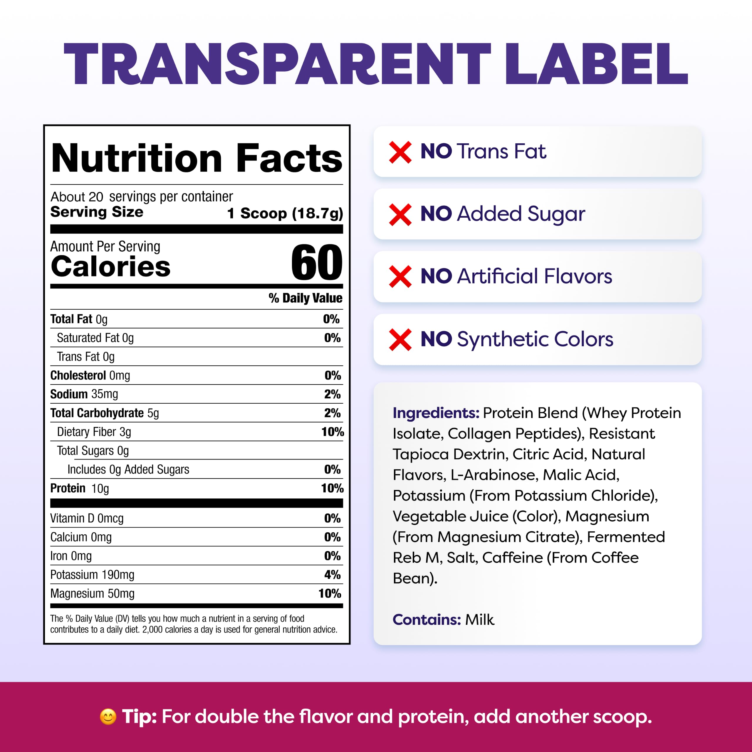 Javvy label close-up showing nutrition facts and zero sugar clean ingredients